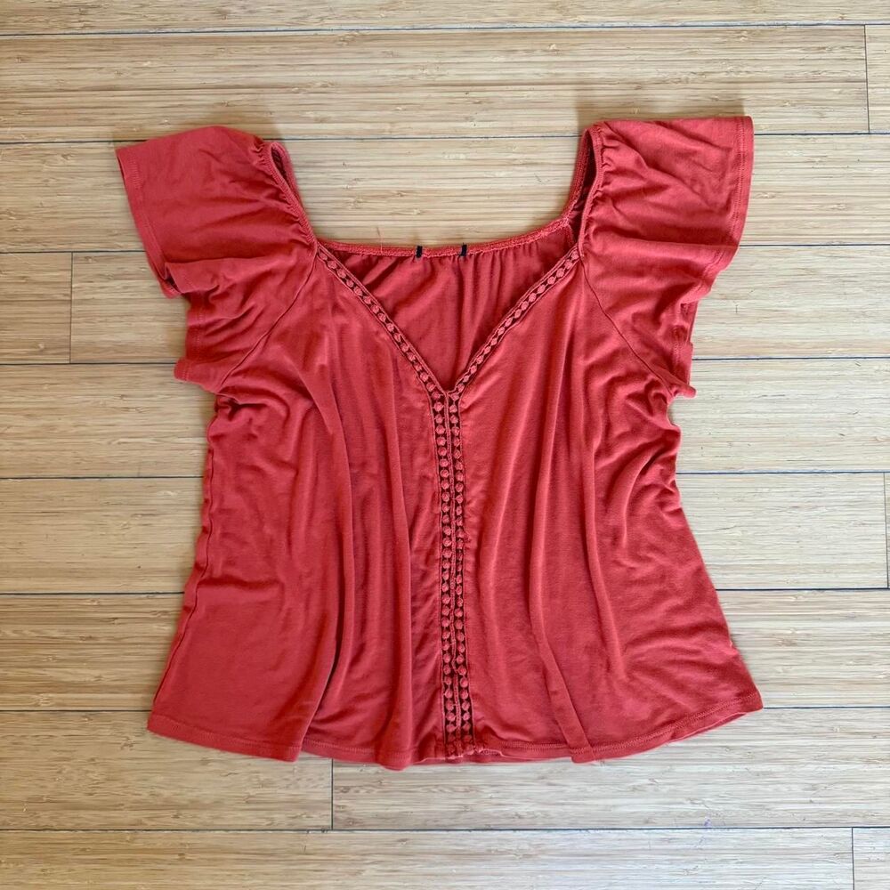 Red Orange Ruffle Sleeve Blouse Medium Large Boho Eyelet Y2K Top